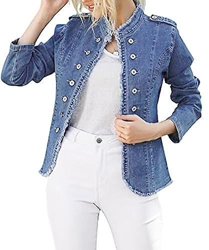 Elegent Veste en jean pour femme - Longue - Extensible - Veste en jean cintrée - Longue veste en denim avec boutons - Grandes tailles - Veste d'été - Automne - Veste mi-saison vintage