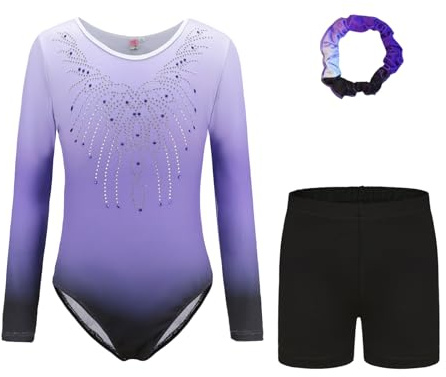 Gymnastics Leotards Set For Dancing Girls - Long Sleeve & Sleeveless Leotards with Shorts and Headband Gradient Color Sparkling Ballet Dancing Unitards Gymnastics Outfit Gift for 110-150cm Girls