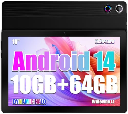 Tablette 10 Pouces Android 14 Tablettes Octa-Core Tablette, Widevine L1 10 Go + 64 Go + 1 to TF, WiFi 6 BT 5.3 Batterie 5000 mAh, Transmission OTG, Déverrouillage du Visage, Prise Casque Type C (Noir)