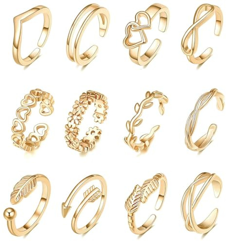 GXGM 12 Pcs Réglable Femme Bague Orteil Plaqué Or Simple Flèche Ouverte Fleur Coeur Pied Bijoux Bague Orteil Ensemble