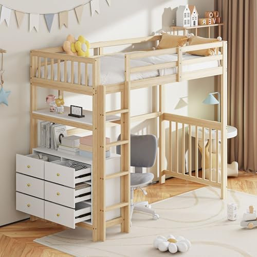PUGSDRLY Lit Mezzanine 1 Place 90x200cm avec 6 Tiroirs, Bureau et Escalier de Sécurité, Design de Clôture Haute, Cadre de Lit en Bois Naturel pour Enfant et Adolescent
