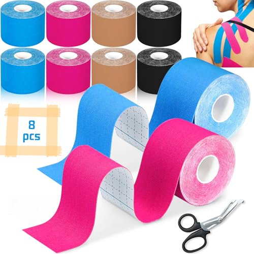 EUZLABBY Tape Kinesiologico,6 Rotolo 5cm x 5m Nastro Kinesiologico,con Forbici,Kinesio Taping,Bende Elastiche,Alleviamento del dolore muscolare,per il Ginocchio, Articolazioni,Supporto Muscolare.