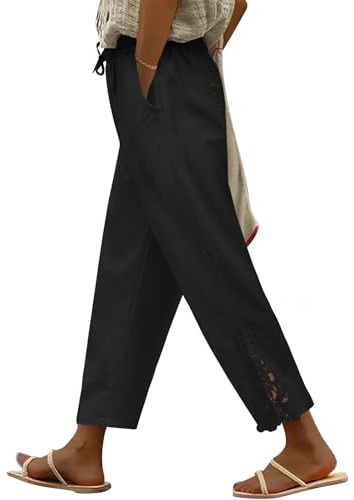 UMIPUBO Pantalon Femme Été 7/8 Coton Décontracté Pantalons avec Poches Pants Taille Haute à Élastique Léger Printemps Yoga Solide Couleur Casual (Noir, M)