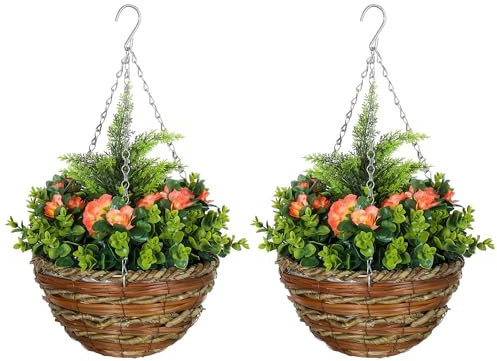 Outsunny Pack of 2 Faux Plant Artificial Lisianthus Flowers Hanging Planter with Basket for Indoor Decoration, Orange