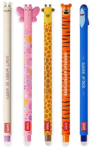 LEGAMI Set mit 5 radierbaren Gelstiften mit thermoempfindlicher Radiertinte, verschiedene Tintenfarben und Schaftdesigns, 0,7 mm Spitze, Hase, Tiger, Giraffe, Schmetterling und Hai