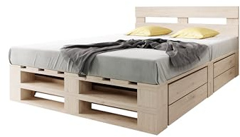 Lermowood Palettenbett M2 aus Holz 140 x 200 cm Natur mit Kopfteil und 2 Bettkästen Holzbett 40cm Stabiles Seniorenbett Kinderbett Jugendbett Gästebett erhöhtes Bettgestell Futon Komforthöhe Naturholz