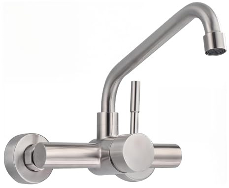 Grifo Cocina en la Pared con 2 Modos, Grifería de Fregadero Giratorio a 360​°, Mezclador Monomando de Acero Inoxidable 304, Aireador Extraíble, Agua Fría y Caliente, Cepillado