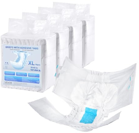 VEVOR Couche Adulte, Taille XL, Sous-vêtements de Protection d'Incontinence Jetables Absorbants Anti-fuite pour Hommes Femmes, avec Languette Adhésive, Indicateur Humidité, 40 Pièces (4 Paquets de 10)