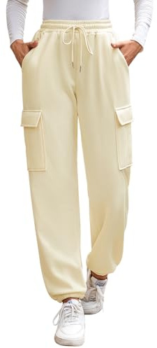 Pantalon Chandal Termico Mujer Invierno Forro Polar Pantalones Cargo Deportivos Pantalón Jogger Comodos de Exterior Casa Deporte, Beige S