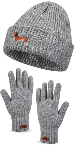 Geyoga Cappello da Donna e Set di Guanti Berretto Caldo Ricamato Cappello Invernale e Guanti Caldi in Pile Spesso(Grigio,Bassotto)
