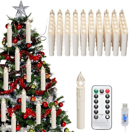 UISEBRT Lot de 50 bougies LED pour sapin de Noël - Bougies électriques avec télécommande et port USB - Bougies LED pour sapin de Noël - Décoration de Noël pour Halloween, mariage - Tête de lampe