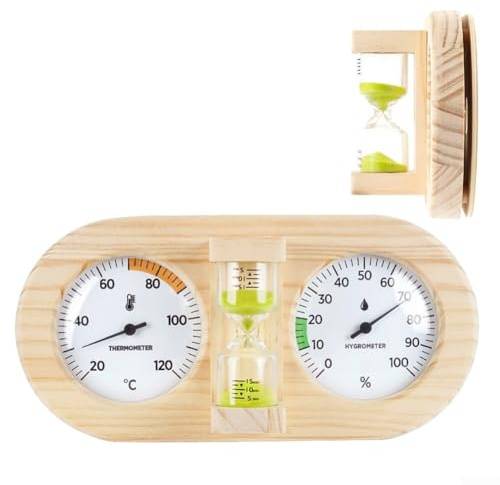 Entgoinggo Termoigrometro per sauna in legno di pino con igrometro a doppio quadrante e termometro, timer a clessidra da 15 minuti, montaggio a parete per un monitoraggio preciso della temperatura e