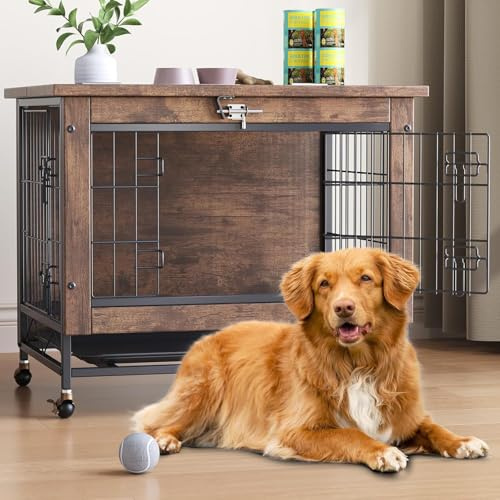 Dog Crate Furniture, Wooden Indoor Dog Kennel End Side Table with Weels, Easy Clean Tray & Double Doors, Anti-Chew Anti-Escape Furniture Style Lockable Pet Crate for Small/Medium Dogs 67x50x65cm