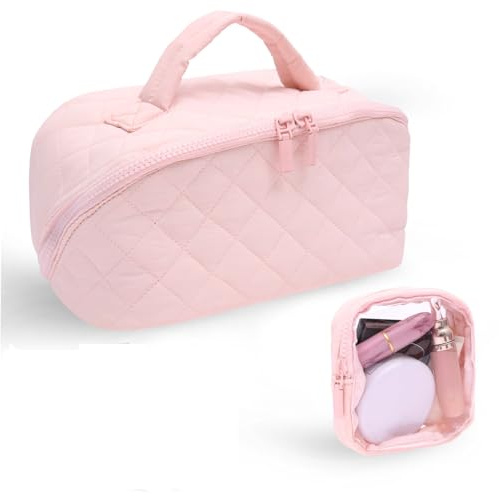 2Pcs Cosmetic Bag 5 Compartments Portable Women's Travel Make Up Bag Travel Cosmetic Case 180°Open Flat Toiletry Pouch Makeup Storage Organizer Bags for Everyday Use(Pink)