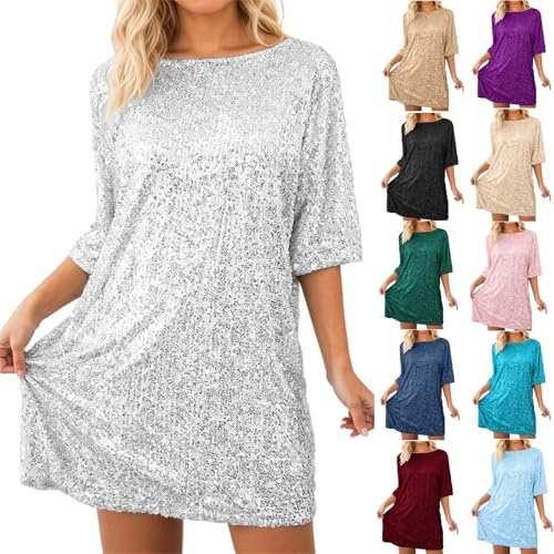Pailletten Kleid Damen Paillettenkleid Silber Glitzer T-Shirt Kleider Sparkle Minikleid Kurzarm Lockerer Schnitt Elegant Partykleid Silvester Kleid Damen Glitzer für Karneval Disco Clubwea