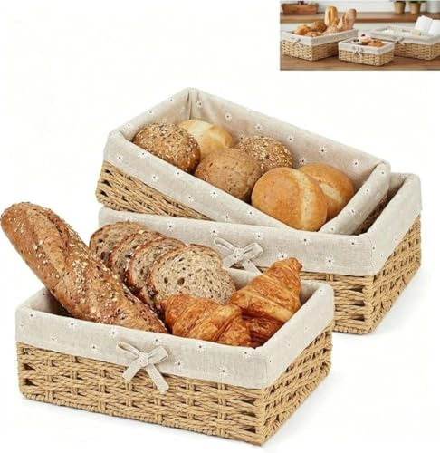 Set di 3 Cestini per Il Pane in Corda di Carta Intrecciata con Fodera in Cotone, Cestini Decorativi per Pane, Dessert, Cassetto della Cucina E Soggiorno Khaki