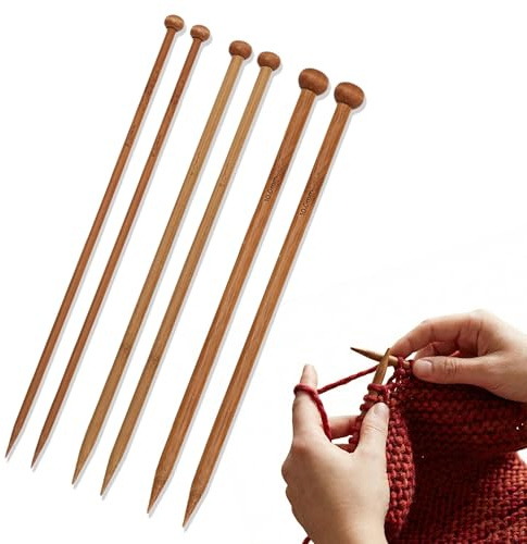 LEOUEANR Confezione da 6 ferri da maglia in bambù, lunghi 25,5 cm con 3 misure (6,0 mm/8,0 mm/10,0 mm, 2 pezzi ciascuno), ferri da maglia lisci per principianti e professionisti