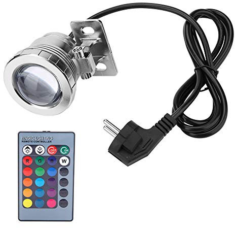 Illuminazione Subacquea RGB, 10W Spina UE Impermeabile LED Piscina Luce Esterna Faretto con Telecomando Multicolor Faretto Lampada per Paesaggio Fish Tank Stagno Nuoto Fontana Garden (Argento)