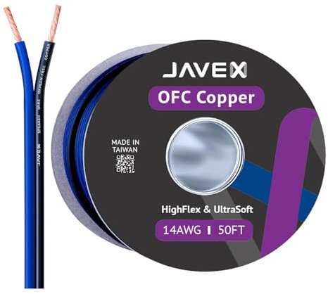 JAVEX Speaker Wire 14-Gauge [2.11mm2] [0.16mm Strands Oxygen-Free Copper 99.9%] Stranded Copper, Blue/Black, Cable for Hi-Fi Systems, Amplifiers, AV receivers and Car Audio Systems,15.25M