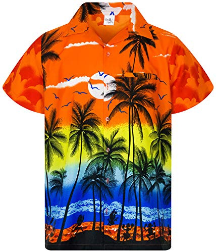King Kameha Funky Hawaii-skjorta barn pojkar flickor kortärmad framficka Hawaii-tryck unisex strand palmer mönster, Barn strand orange, 6 År