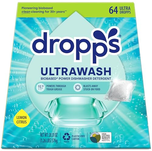 Dropps Dishwasher Detergent Pods: Lemon | 64 Count | Cuts Grease & Fights Stuck On Food | For Sparkling Glassware & Dishes | Low Waste Packaging