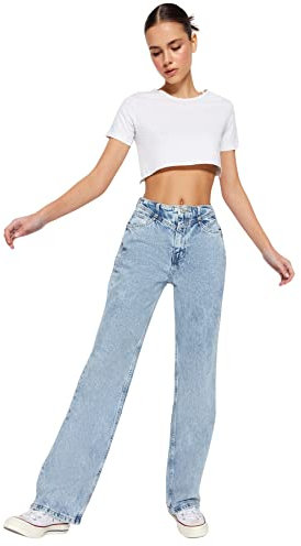 TRENDYOL Damen Taille Detaillierte Hohe 90er Jahre Breite Beinjeans Jeans, Blau, 38 EU