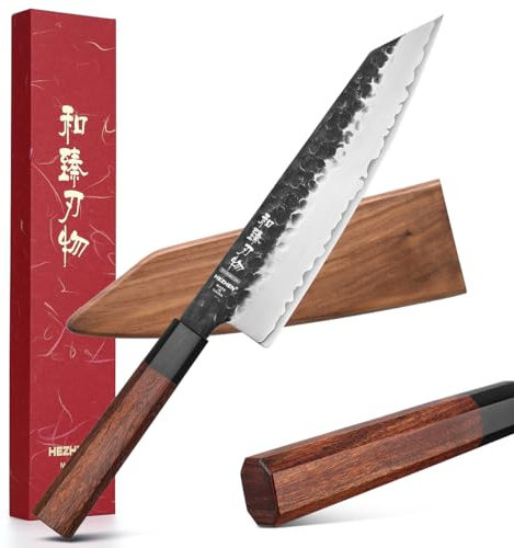 HEZHEN Coltello da Kiritsuke, Forgiatura Acciaio Composito Coltello Chef,Coltello da Cucina Stile Giapponese,Manico Ottagonale,Fodero Coltello in Legno