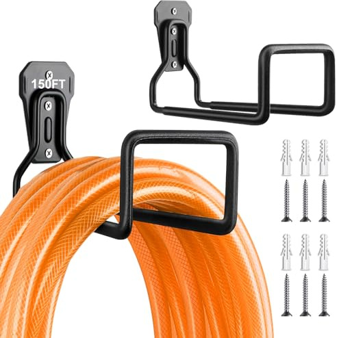 UPCERA Hose Holder Stand Wall Mount, 2Pcs Heavy Duty Garden Hose Hanger Reel, Metal Water Pipe Tube Hooks Rack for Outside Yard, Garage, Storage Organizer - Black