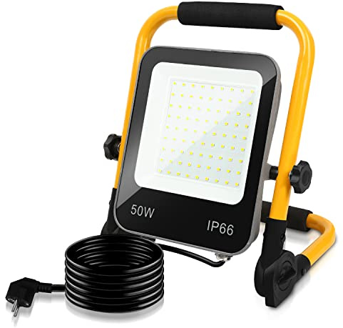 Cecaylie LED Baustrahler, 50W 5100LM Arbeitsleuchte Fluter, Austellenlampe Strahler, Tragbar Arbeitsscheinwerfer 6000K Kaltweiß Baulampe, Faltbarer Ständer für Werkstatt, IP66 Wasserdicht, 3M Kabel
