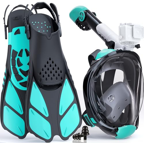 Snorkel Set for Adults, Full Face Snorkel Mask with Flippers & Swim Fins, Panoramic View Snorkel Mask Dry Top Anti-Fog Anti-Leak, Foldable Design with Travel Bag