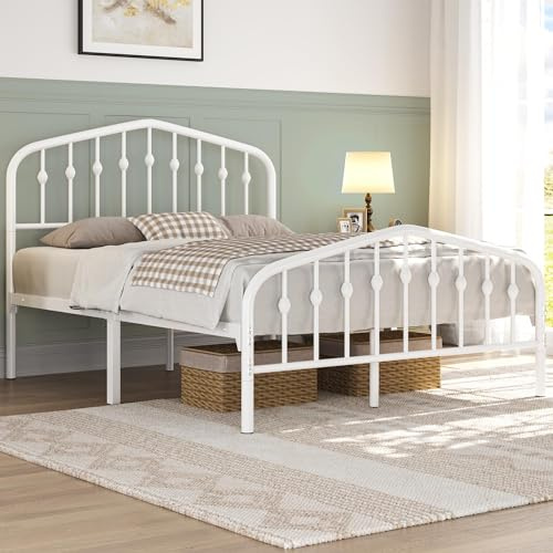 Yaheetech Marco de Cama de Metal Moderno con Cabecero y Piecero Arqueados Espacio de Almacenamiento Espacioso Debajo de la Cama Soporte Robusto Blanco/140 x 200 cm