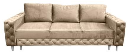 Ares Meble Komo Sofa Mit Schlaffunktion 240x98 cm - Sofa 3 Sitzer - Schlafsofa Mit Bettkasten - Samt Sofa - Eleganz Couch 3 Sitzer - Wohnzimmer Sofas - Sofa Bed - Beine Weiß - Beige