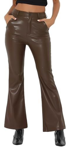 Allegra K Faux Leather Casual Pant for Women's High Waist Bell Bottom Flared Long PU Trouser X-Large Coffee