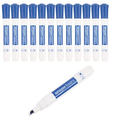 Amazon Basics Low-Odor Whiteboard Markers pens, Chisel Tip, Blue, Pack of 12