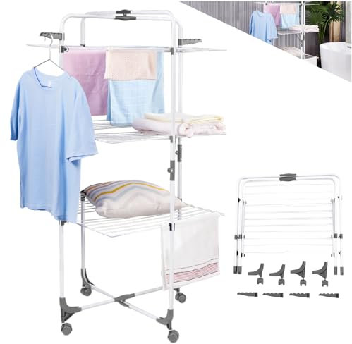 Allyson Wäscheständer Turm – Höhenverstellbarer, Faltbarer Wäscheständer mit Mehreren Ebenen und Rädern für stabiles und platzsparendes Wäschetrocknen – Wäscheständer ausziehbar – 65cm x 71cm x 136cm