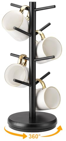 Lorbro Coffee Mug Tree, 360° Rotated Mug Holder with 8 Hooks, Wooden Coffee Cup Holder, Upgraded Mug Rack for Countertop, Coffee Mug Organizer Storage Stand, Coffee Bar Accessories & Kitchen Decor