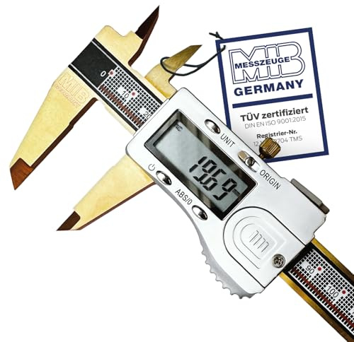 MIB Digitaler Messschieber mit Absolut-System & TiN-Beschichtung DIN 862 200mm | Präzisionsmessgerät | 4-fach Messung | Kalibrierung | Digitalwerkzeug Set mit 3V Batterie & Kunststoffbox
