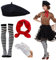4Pcs Pantomime Kleidung Mode Barett Retro Casual Runder Hut Gestreifte Kniestrümpfe Weiße Baumwollhandschuhe Roter Seidenschal Kleines quadratisches Halstuch Halstuch Cosplay Karneval Kostüme Maskerad