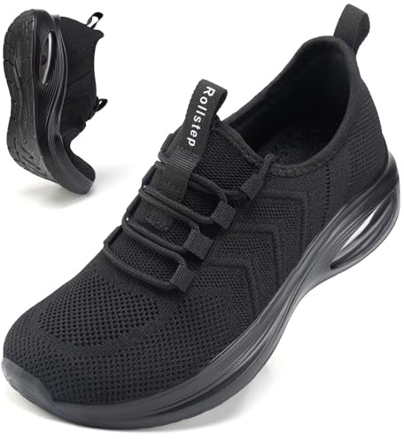 Rollstep Wide Toe Box Shoes Women Extra Wide Width Sneakers Diabetic Air Cushion Road Running Shoes Ultra Light Wide Tennis Sneakers Gym Training Breathable Walking Shoes All Black 41