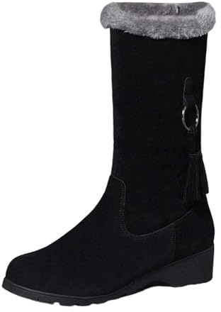 Generisch Stivali invernali con tacco spesso medio da donna Stivali casual britannici, con cerniera laterale in velluto invernale, stivali con tacco medio foderato in pile, Nero , 43 EU