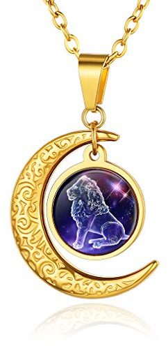 Custom4U Golden Leo Zodiac Sign Pendant Necklace for Girls Birthday-Lovely Moon Shape Astrology Charms with Chain