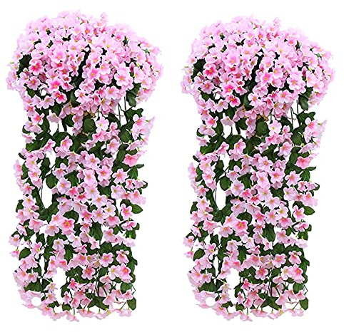 Fycooler Konstgjorda hängande blommor, blåregn, murgröna, lila, för utomhusbruk, heminredning, trädgård/gård, blomdekoration med snöre (rosa x 2)
