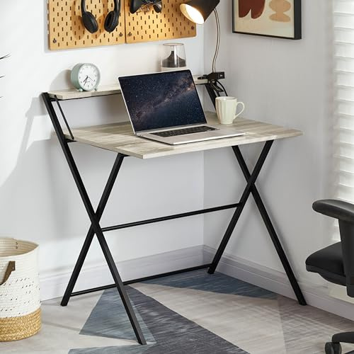 Vida Designs Folding Desk 82cm No Assembly Computer Desk With Shelf Modern Space Saving Writing, Study, PC Table for Home Office (Grey)