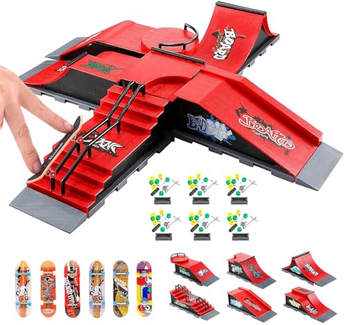Finger Skateboards Ramp Set, 6 in 1 Fingerboard Skatepark Deck with 6 Skateboards 6 Fingerboard Ramps & Display Holder, Mini Finger Toy for Kids Adults Birthday Gift (Red)
