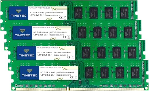 Timetec 32GB KIT(4x8GB) DDR3 1600MHz (DDR3-1600) PC3-12800 (PC3-12800U) Non-ECC Unbuffered 1.5V CL11 2Rx8 Dual Rank 240 Pin UDIMM Desktop PC Computer Memory RAM(SDRAM) Module Upgrade
