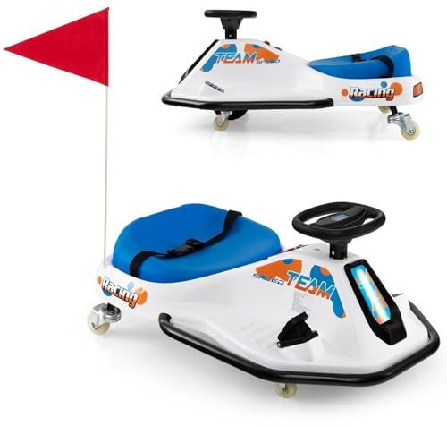 COSTWAY 24 V Go Kart per bambini, Auto Drift con Giro a 360°, con Connessione Wireless USB Radio Musica e 3 Bandierine, Avviso Lento, 9-15 km/h, per Bambini 3+ Anni
