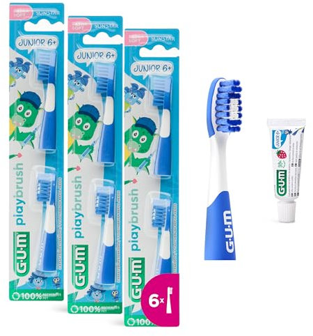 GUM Playbrush JUNIOR 6+ Bürstenköpfe | Kompatibel mit GUM Playbrush elektrischer Zahnbürste | Extra weich | Kleiner Bürstenkopf | 3x2 Bürstenköpfe | 1x GUM JUNIOR Zahnpasta-Probe | Blau