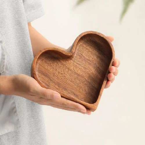 6.7-inch Heart-Shaped Solid Wooden Tray, Decorative Storage Dish