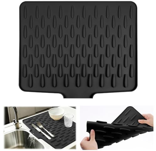 Vicloon Alfombrilla Escurreplatos de Silicona,Bandeja Escurreplatos con Salida de Drenaje,Grande Alfombrilla Escurreplatos,Alfombrilla para Secar Platos para Encimeras y Fregaderos de Cocina,Negro