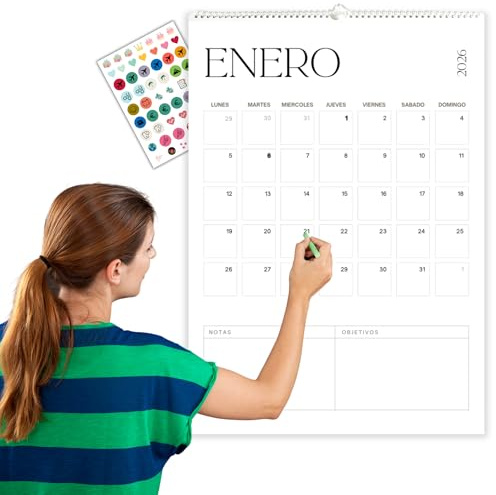 Winund Calendario 2026 pared grande (43x62 cm) – Nov 2025 a Dic 2026, Español, 14 meses, diseño minimalista, espacio para escribir, incluye stickers decorativos y 1 póster anual 12 meses